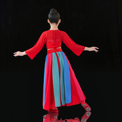 Girls Chinese folk classical dance costumes Children's elegant fan and umbrella dance Red Hanfu Fairy Dresses Ancient Chinese style folk dance outfits